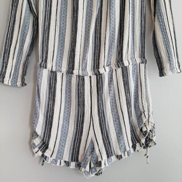 ROXY Anthem 100% Cotton Off-Shoulder Romper Blue Stripe Pattern Sz M - Picture 9 of 13